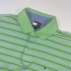 Tommy Hilfiger Mens Large Lime Green Striped Short Sleeve Pique Polo Shirt